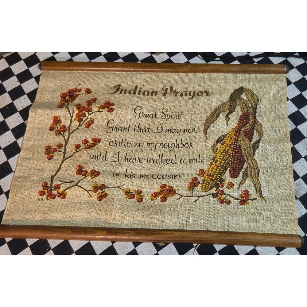 Vintage Burlap Indian Prayer Wall Hanging Scroll Wood Dowel Rustic Decor 16x12